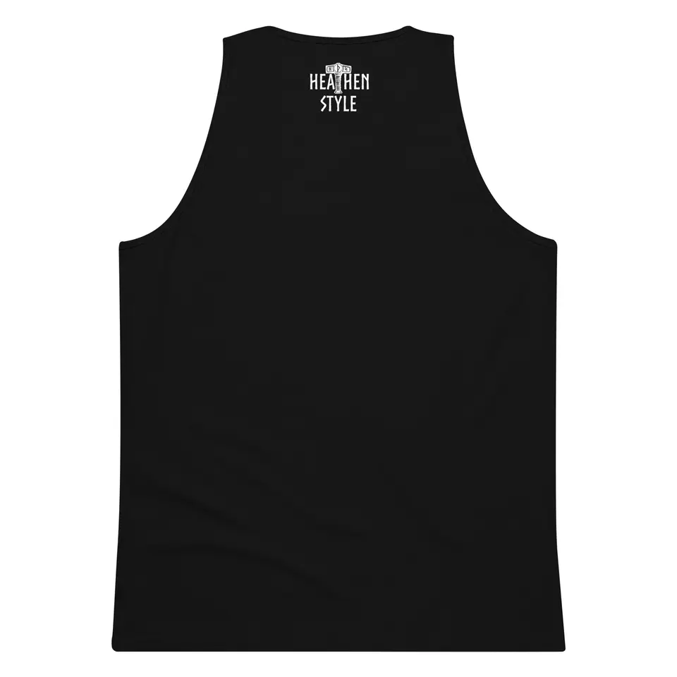 Don’t Test My Heathen Men’s premium tank top, back view