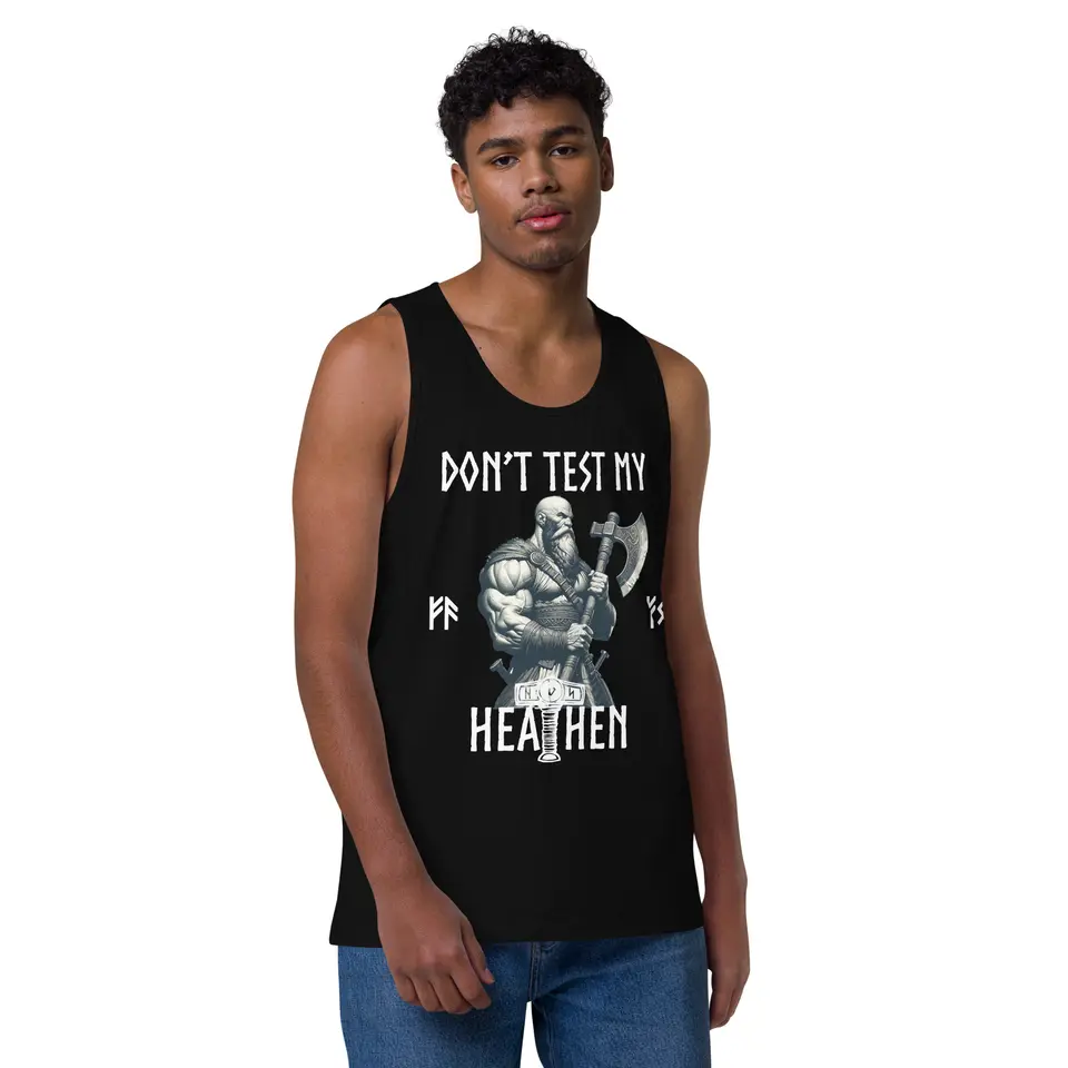 Don’t Test My Heathen Men’s premium tank top, front view