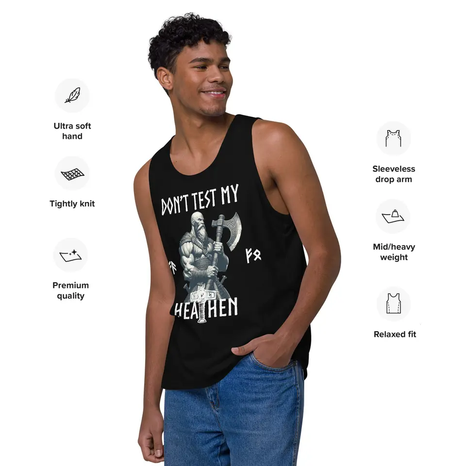 Don’t Test My Heathen Men’s premium tank top, left side