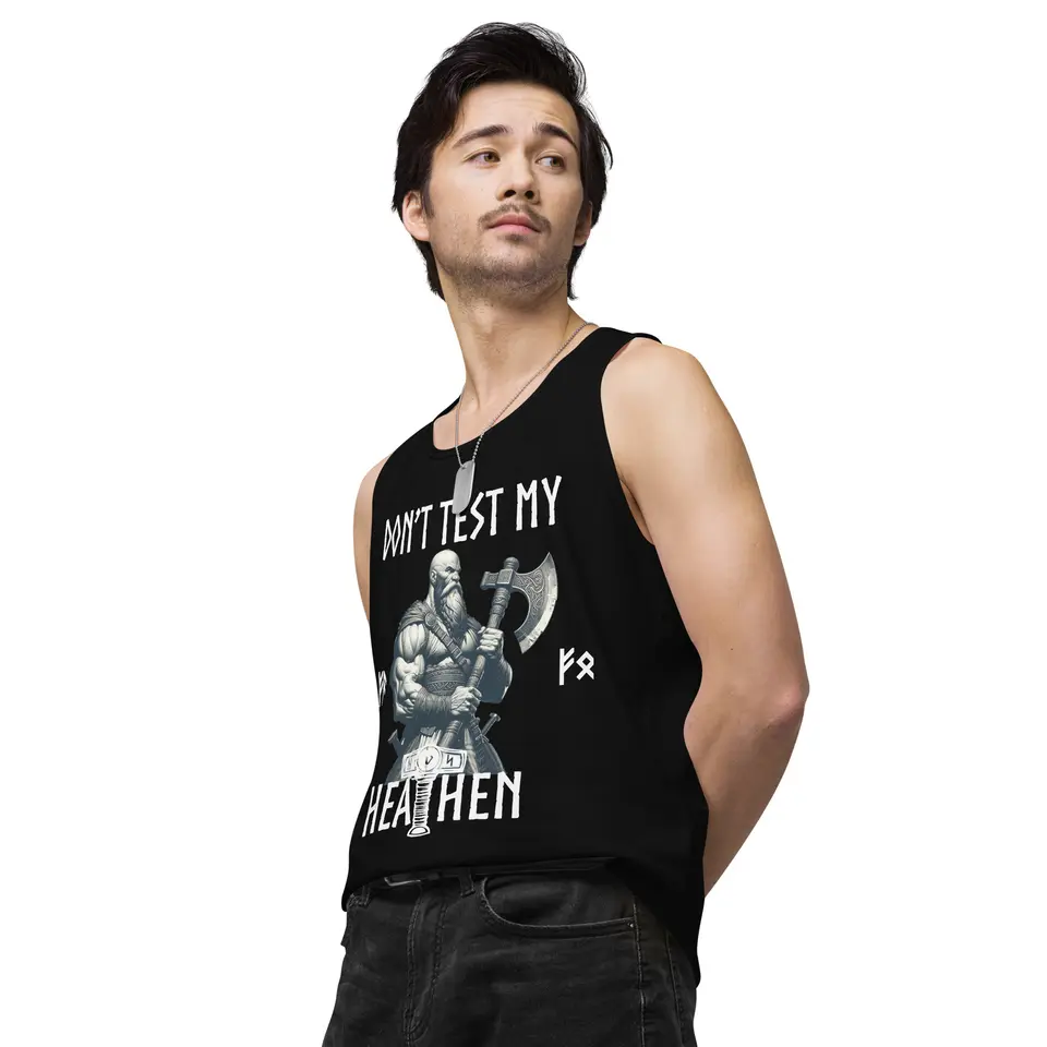 Don’t Test My Heathen Men’s premium tank top, left side